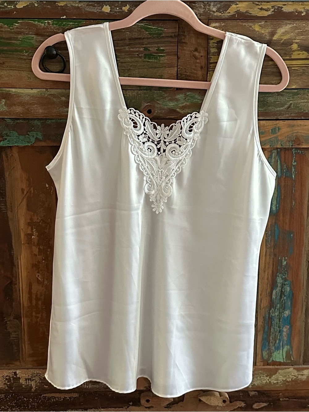 Vintage Escapades White Satin Lace Tank Top L Silky Angel Fairy 90s Quiet Luxury